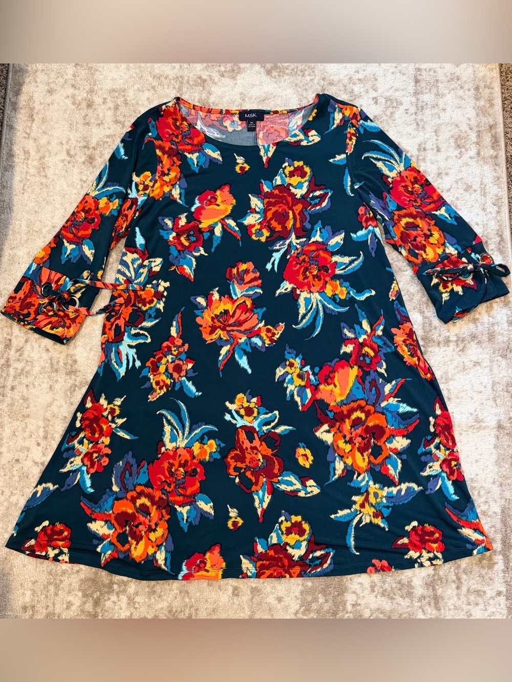 MSK Teal Floral Tie-Sleeve Mini Dress - Picture 2 of 6